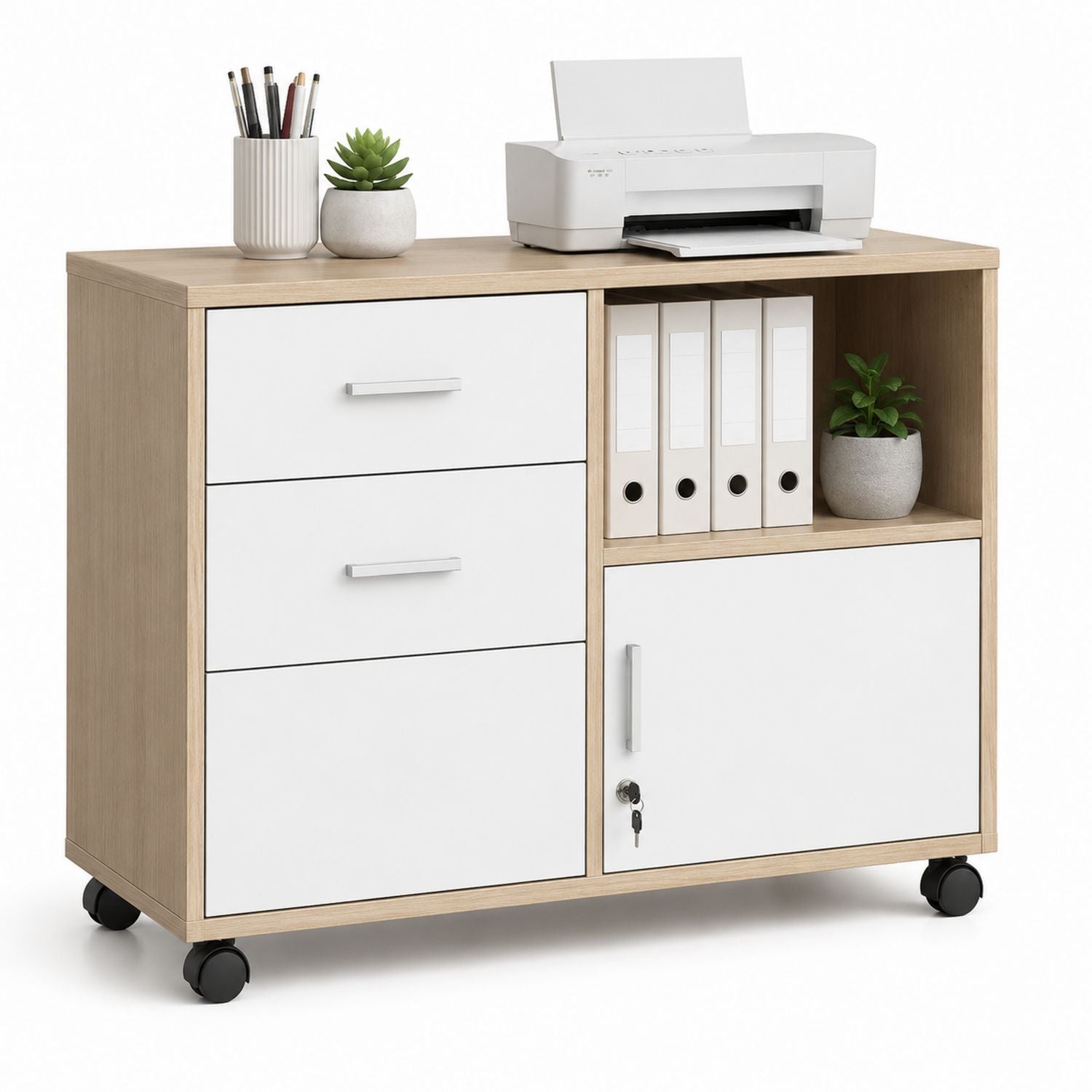 Szafka biurowa na kółkach z trzema szufladami i szafką MDF Biały/Dąb