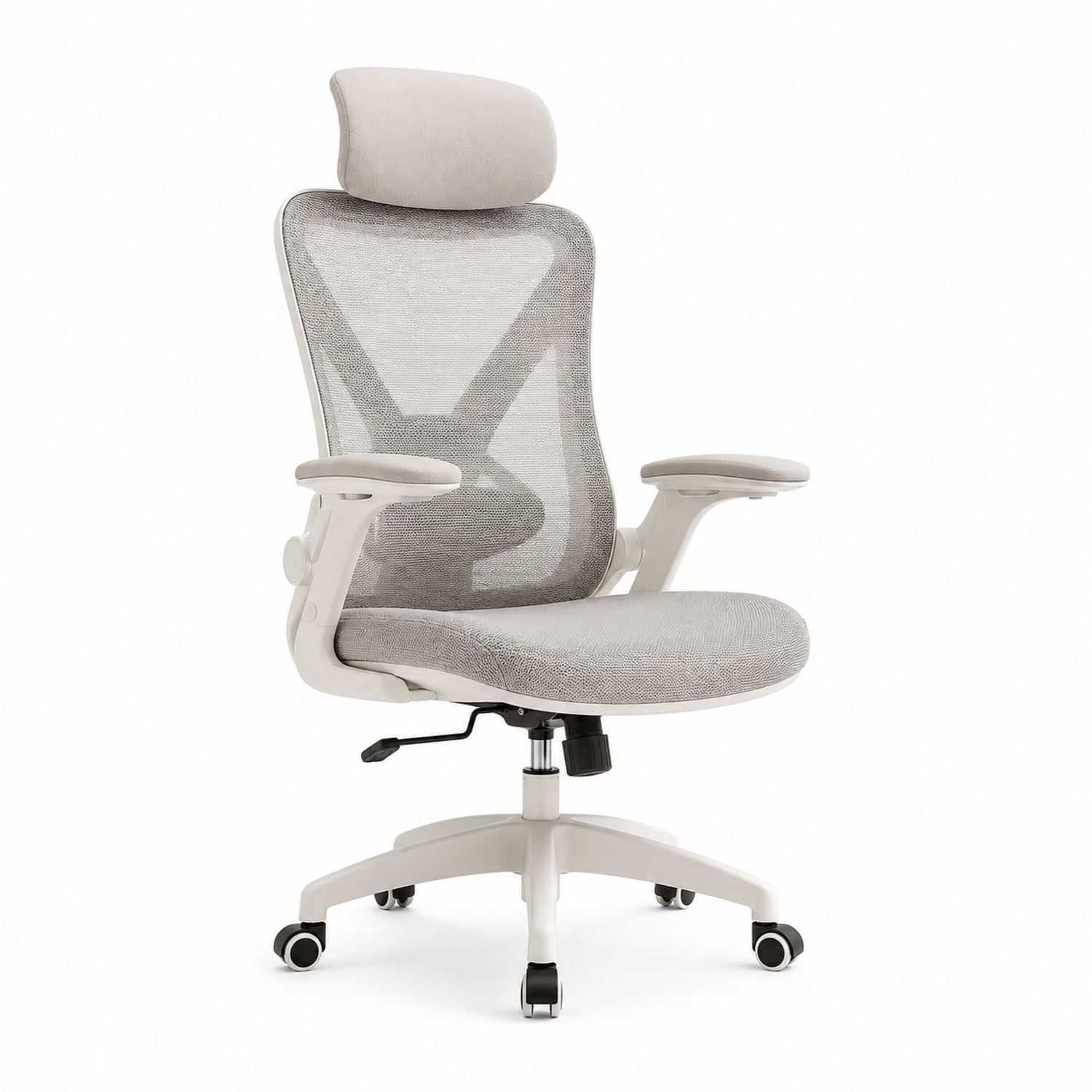 Ergonomiczne krzesło biurowe z zagłówkiem i podłokietnikami szare