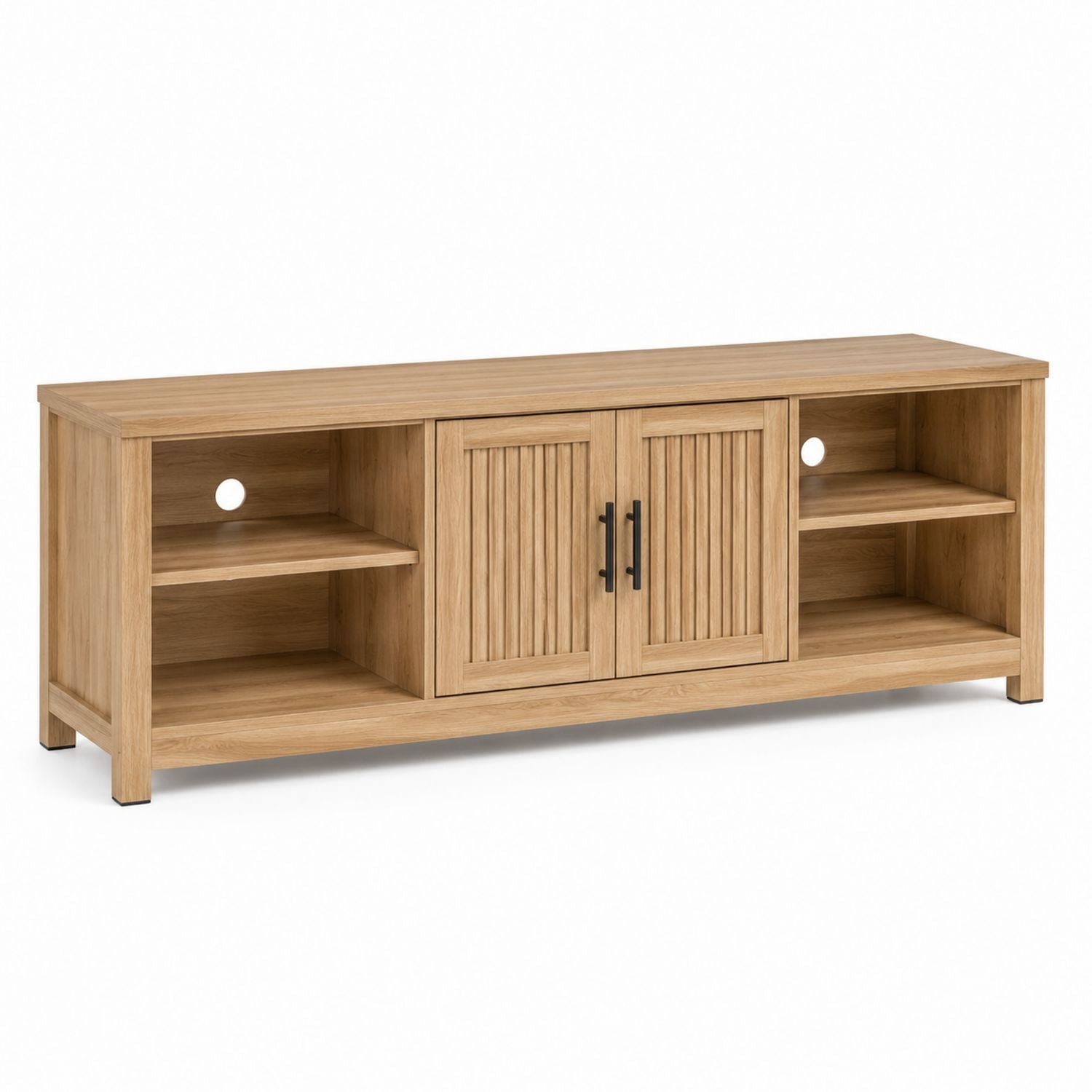 Dębowa szafka RTV z półkami i drzwiami z płyty wiórowej 150x40x55 cm
