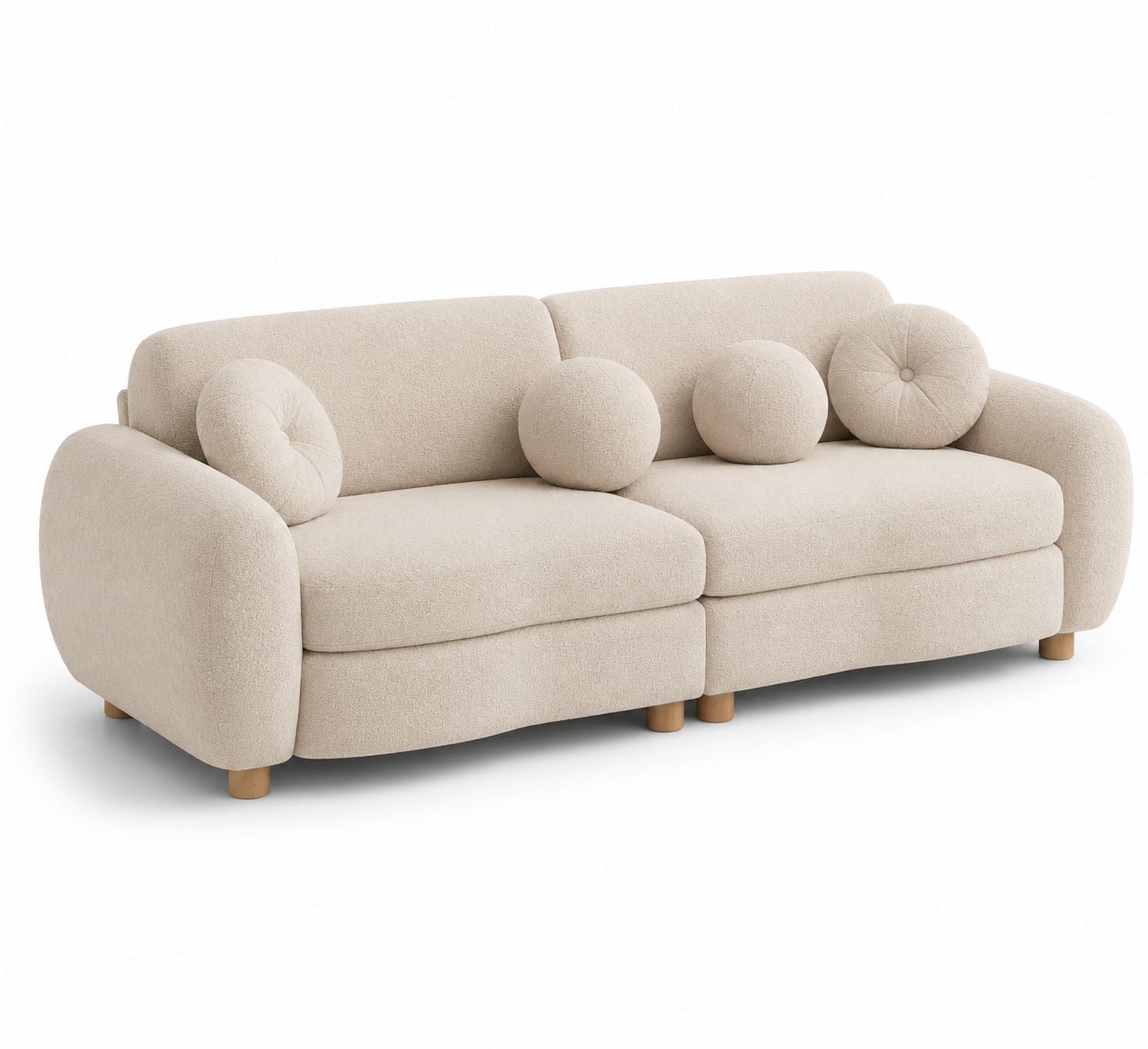 Sofa beżowa tapicerowana z okrągłymi poduchami, 200x95x85 cm