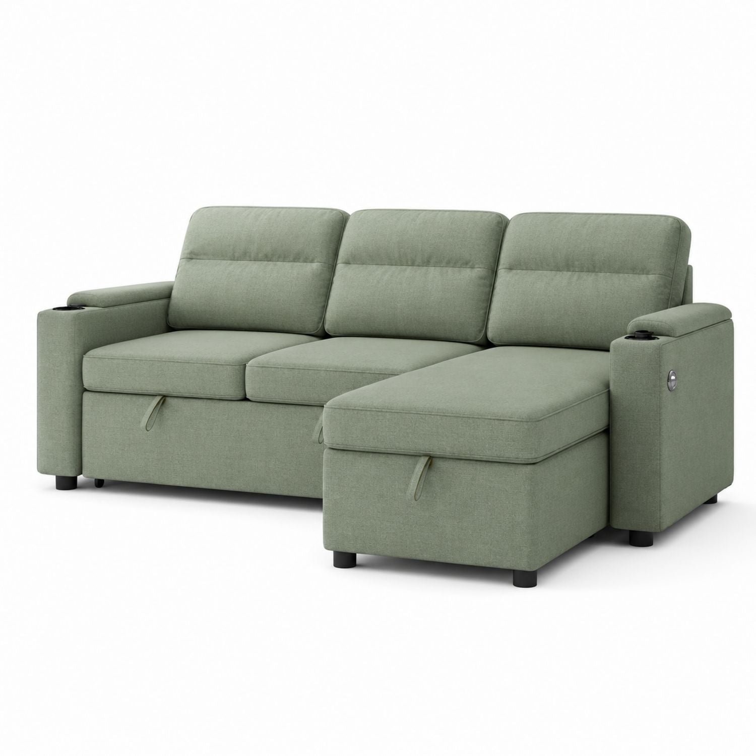 Narożna sofa z funkcją leżanki i USB, zielona tkanina